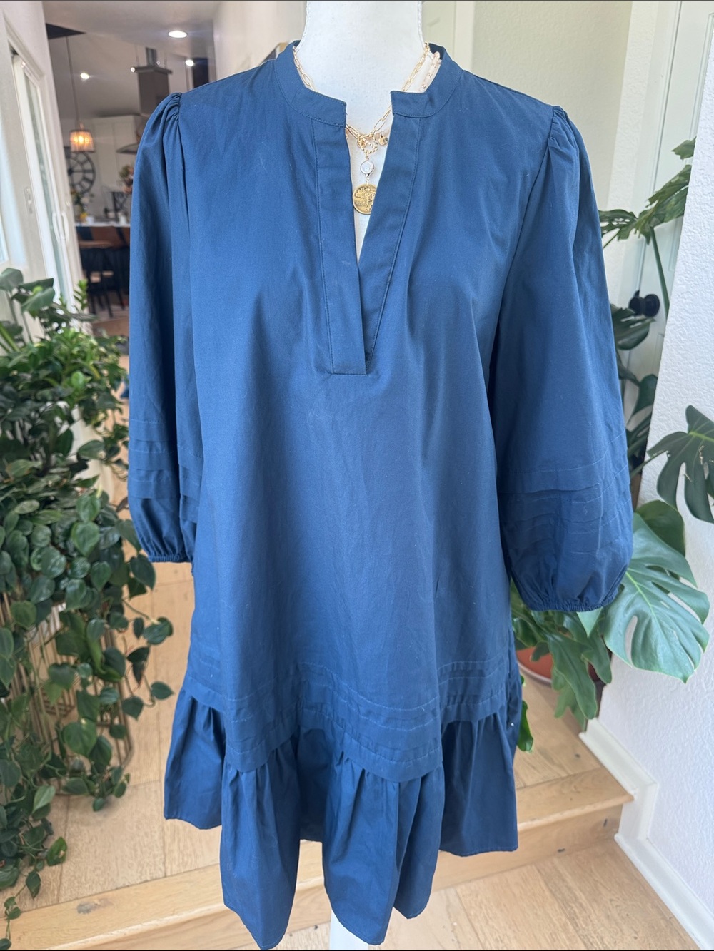 Classic Navy Peasant Tunic Dress 100% Cotton Boho, Casual Size XS
